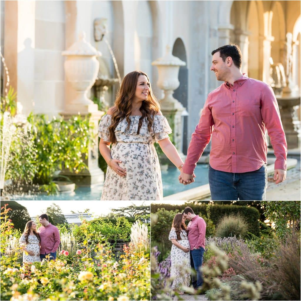 Longwood Gardens maternity session collage with husband and wife holding hands and walking through gardens and fountains