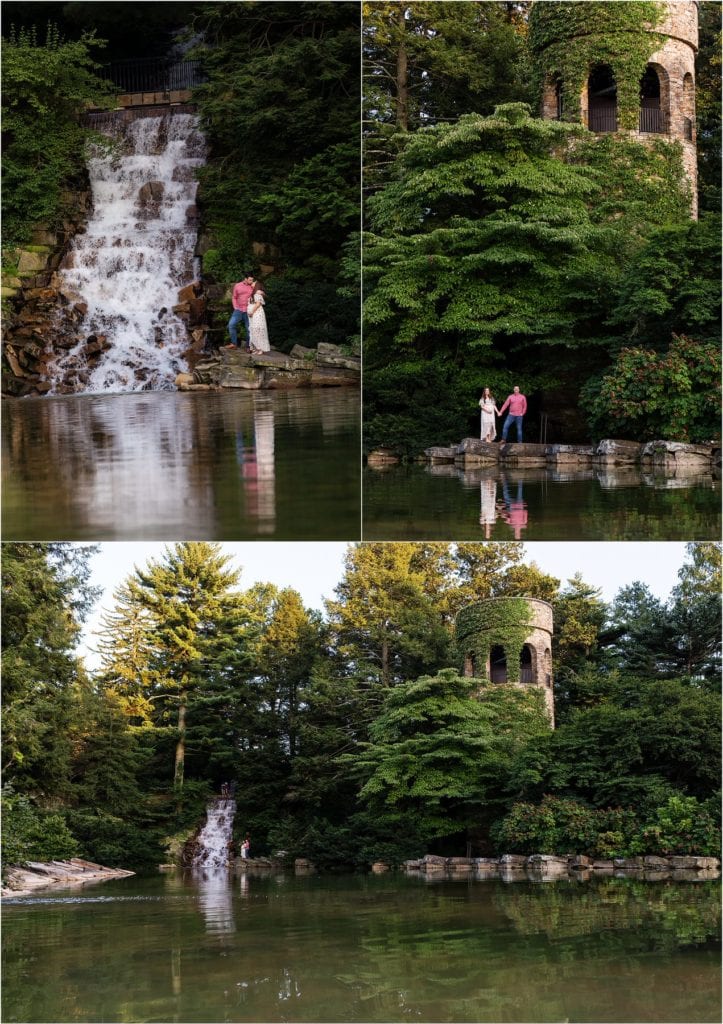 Collage of husband and wife kissing and standing next to waterfall and tower at Longwood Gardens maternity session