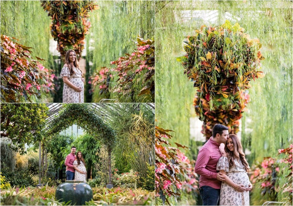 Longwood Gardens greenhouse maternity collage with husband kissing wife's forehead and mother holding baby bump under hanging green hallway