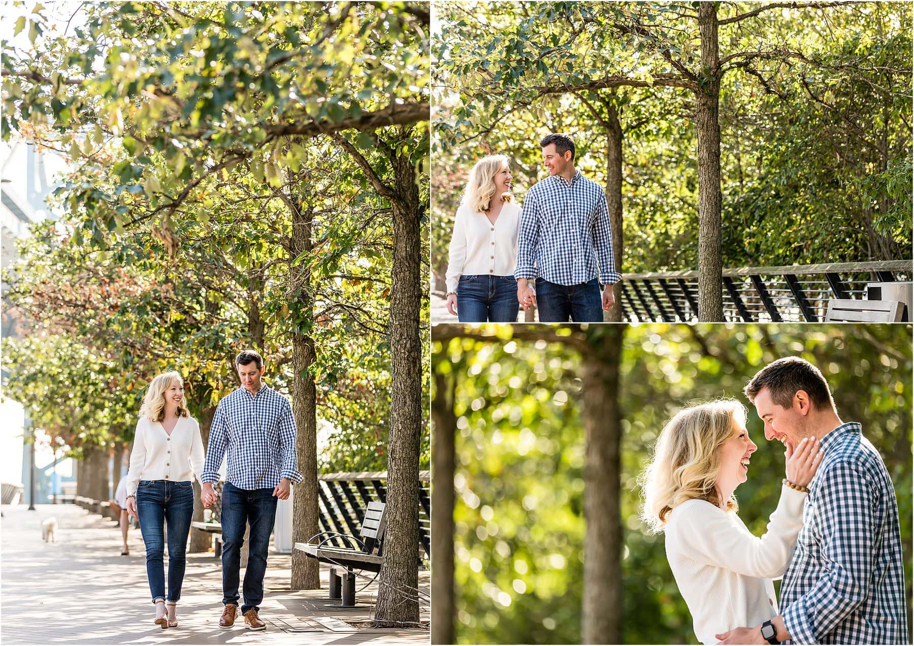 Old City Philadelphia engagement session collage of couple walking on Race Street Pier and laughing