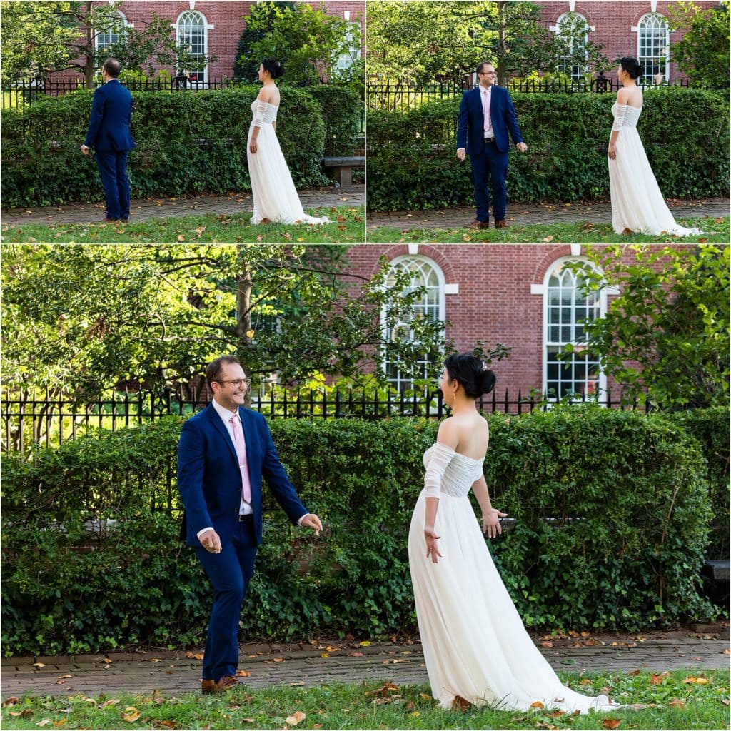 intimate wedding first look collage in Old City Philadelphia