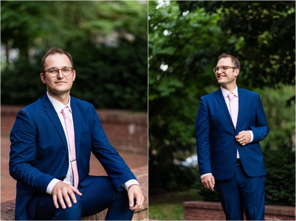 Traditional groom portrait collage with groom sitting on brick wall and smiling in Old City Philadelphia