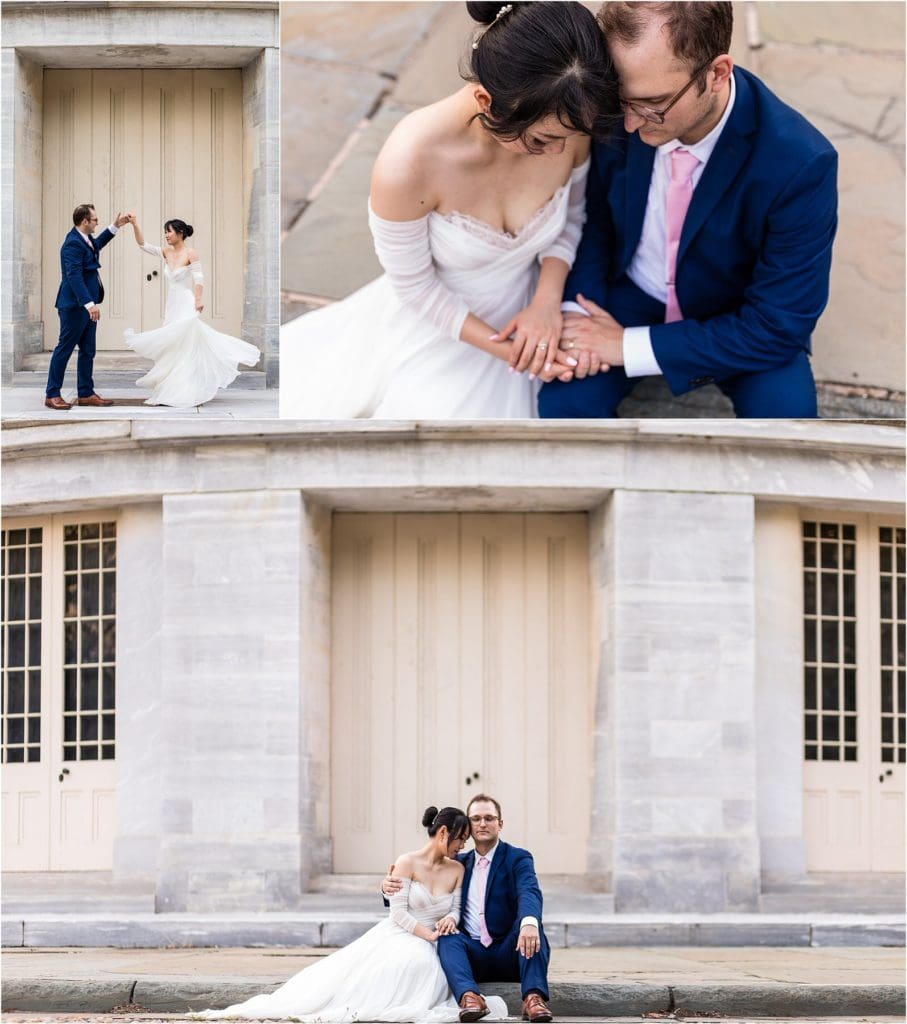 Wedding portrait collage of groom spinning bride, bride and groom sitting on ledge, and wedding rings on hands detail at Merchant Exchange Building