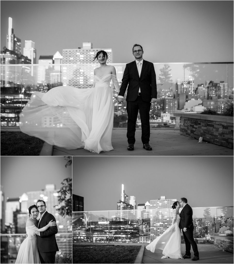 Black and white wedding portrait collage of bride and groom walking at Circa Green overlooking the Philadelphia Skyline
