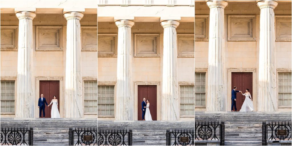 Collage of bride and groom holding hands and groom spinning bride on steps at First National Bank in Philadelphia wedding portraits