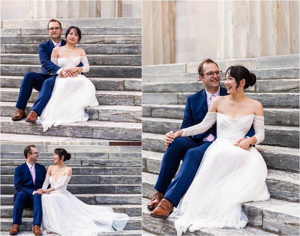 Collage of bride and groom sitting and laughing on steps of First National Bank in Philadelphia intimate wedding