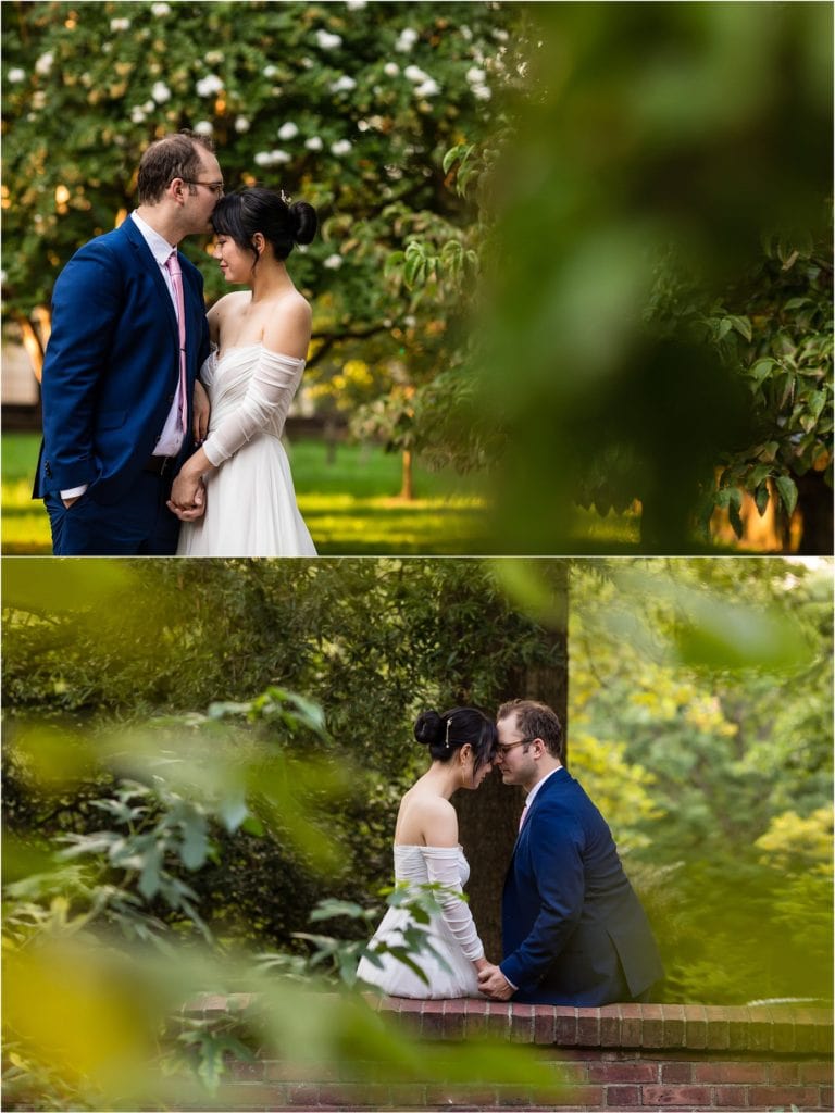 Romantic wedding portrait collage of groom kissing bride on forehead and bride and groom sitting on a brick wall in Old City Philadelphia