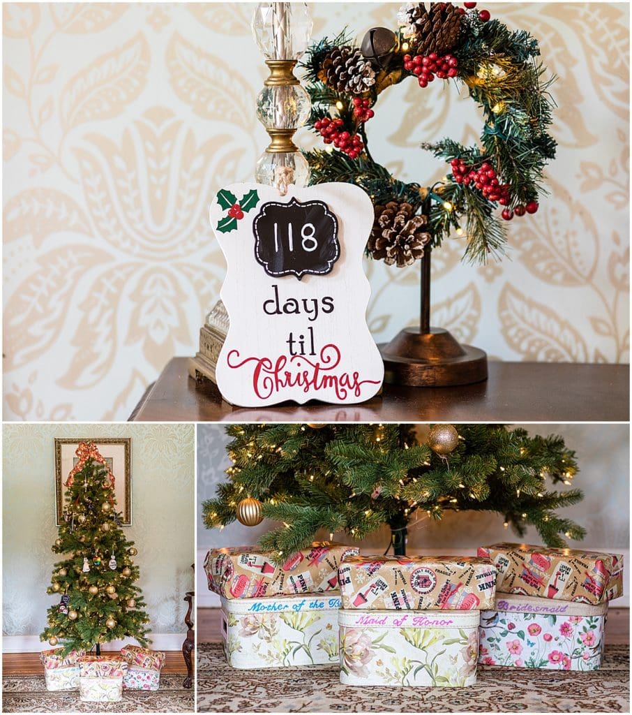 Christmas decorations and countdown next to tree with bridal party gifts