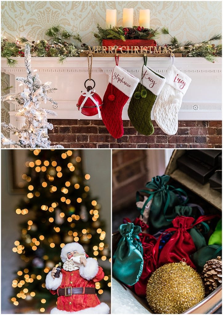 Christmas decorations, tree, Santa figurine, and brides' stockings over fireplace at September Same Sex wedding bridal prep