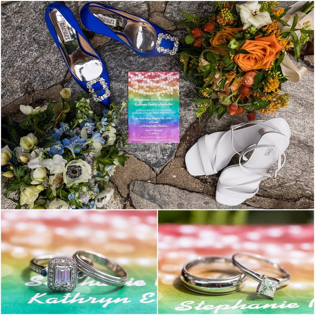 Rainbow Pride same sex wedding invitation with brides' heels and bouquets with close-up of rings next to brides names detail collage