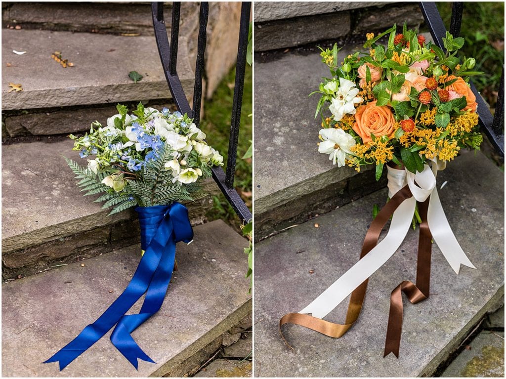 Detail collage of brides blue bouquet and brides orange bouquet at Bolingbroke Mansion Same Sex pride wedding