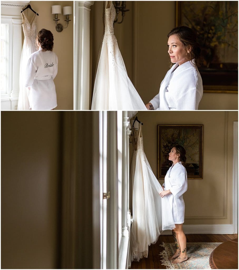 Collage of window lit bride admiring dress hanging from window before getting dressed for Bolingbroke Mansion same sex wedding