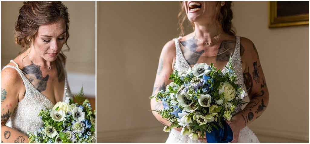 Collage of window lit bride looking at flowers and laughing with bouquet detail