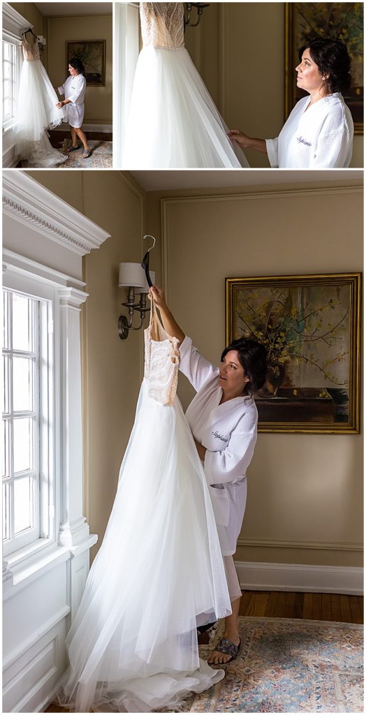 Collage of window lit bride pulling wedding dress off hanger