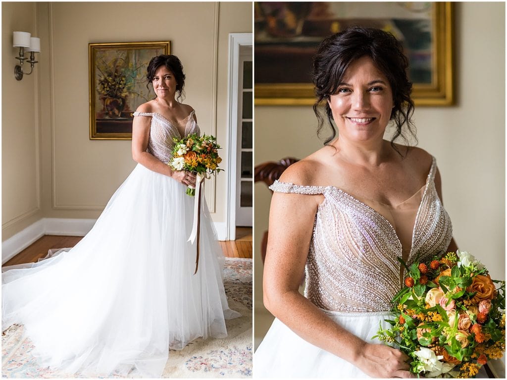 Traditional window lit bridal portrait collage with long tulle dress train and orange bridal bouquet