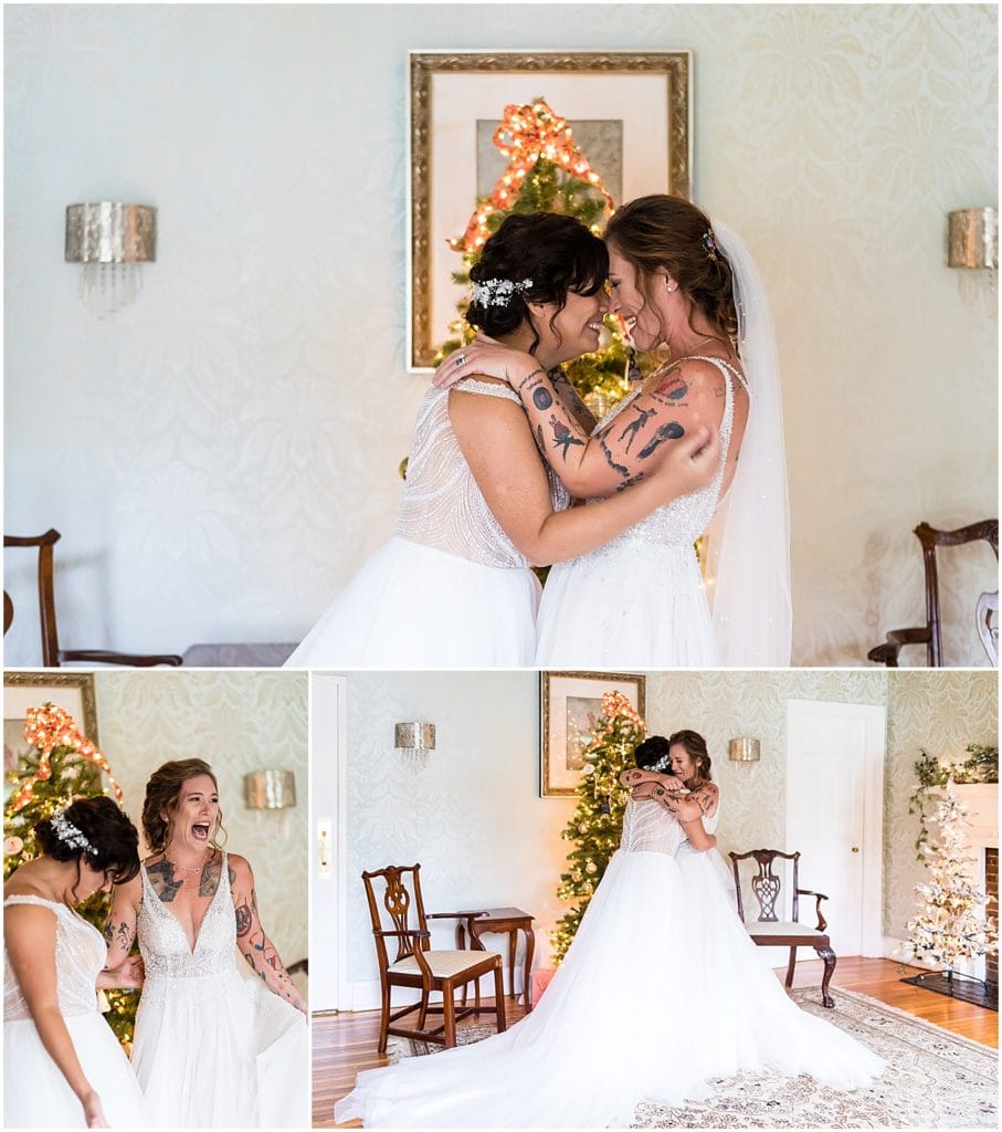 Brides hug, cry, and kiss during first look before Bolingbroke Mansion Pride wedding