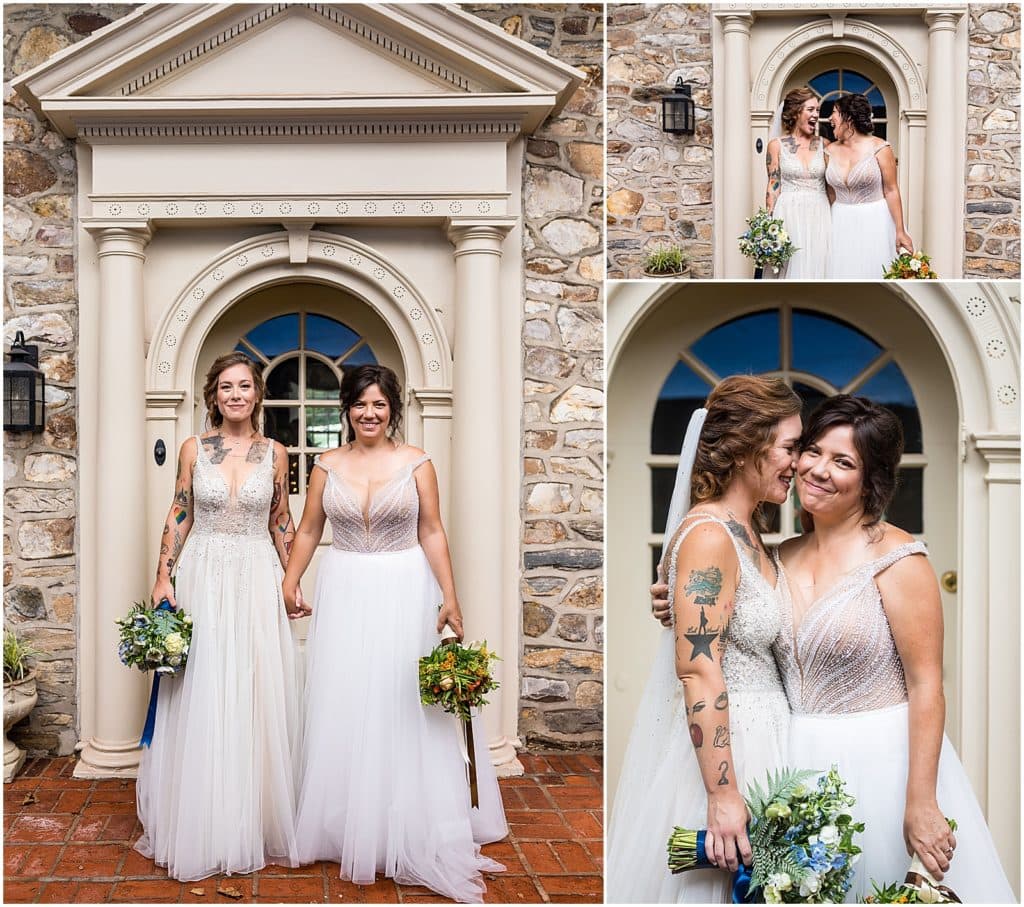 Collage of same sex marriage bridal portraits with brides laughing and holding hands