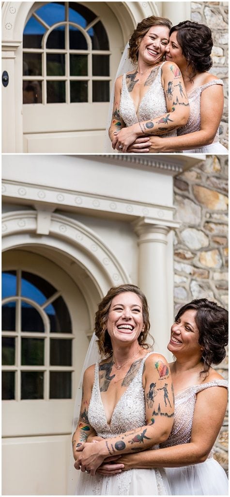 Brides smile and laugh while hugging before Bolingbroke Mansion Pride wedding
