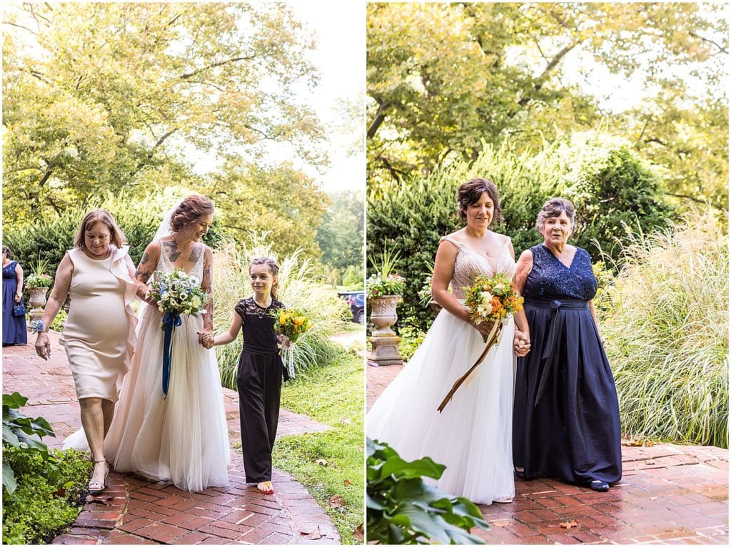 Collage of brides walking down aisle with their mothers and daughter at Bolingbroke Mansion same sex wedding