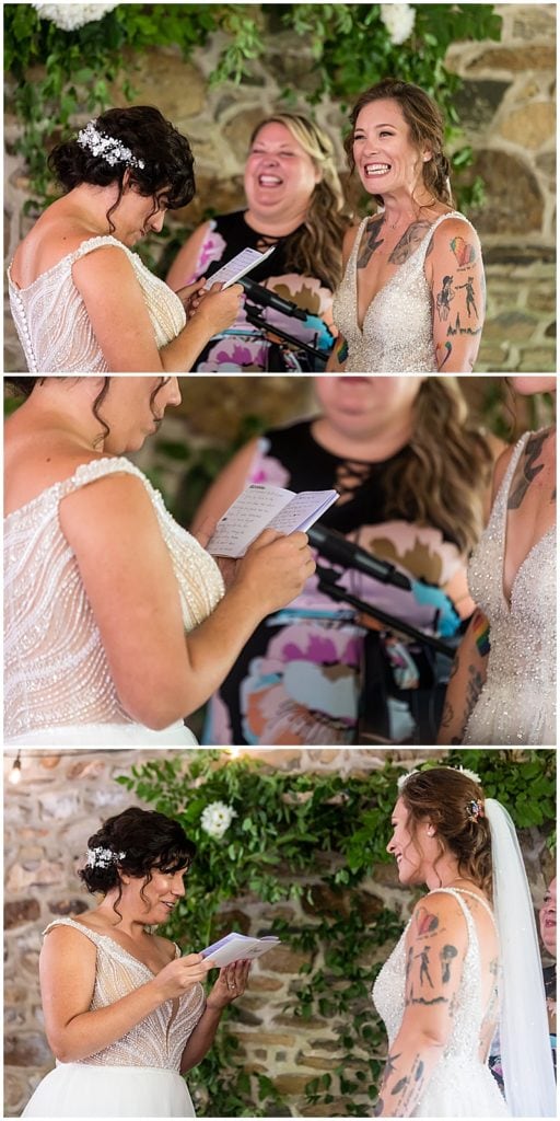 Collage of brides laughing while reading personal handwritten vows from at book during same sex pride wedding ceremony at Bolingbroke Mansion