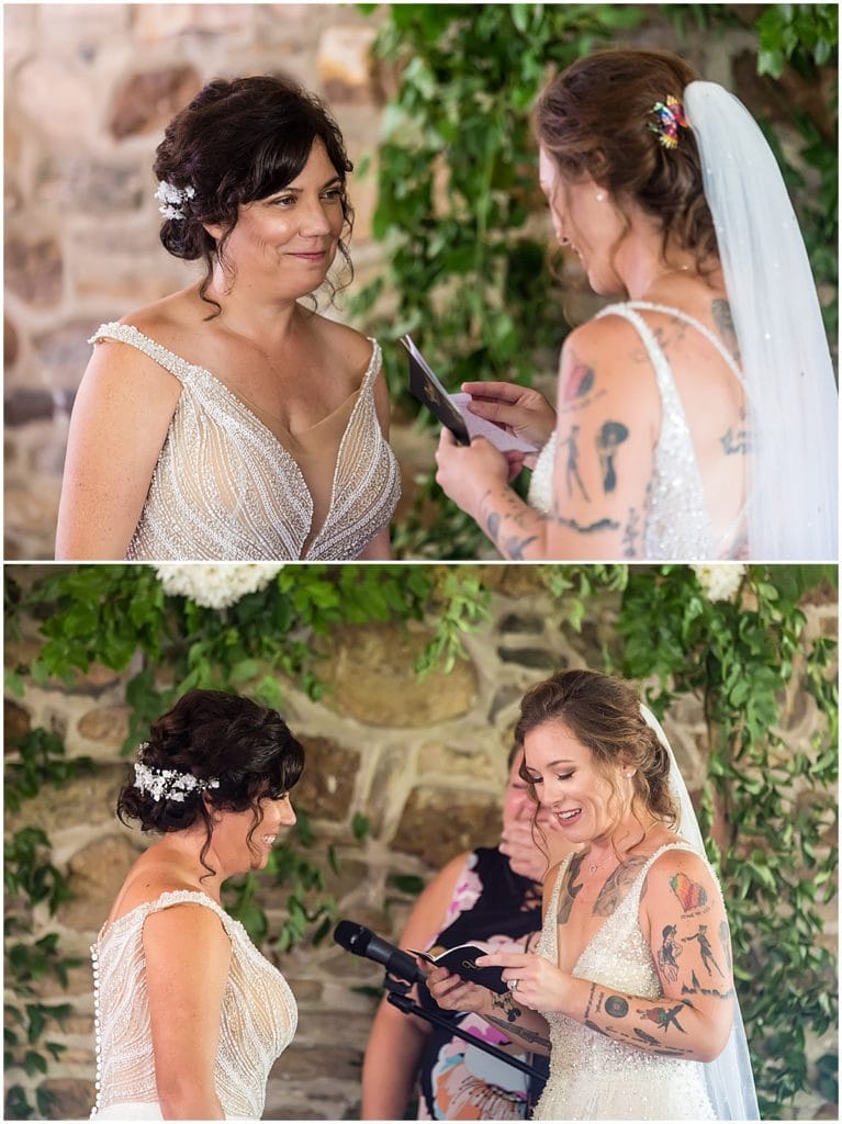 Collage of brides laughing while reading personal handwritten vows from at book during same sex pride wedding ceremony at Bolingbroke Mansion