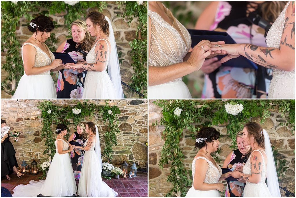 Collage of brides exchanging wedding bands during ceremony at Bolingbroke Mansion same sex pride wedding