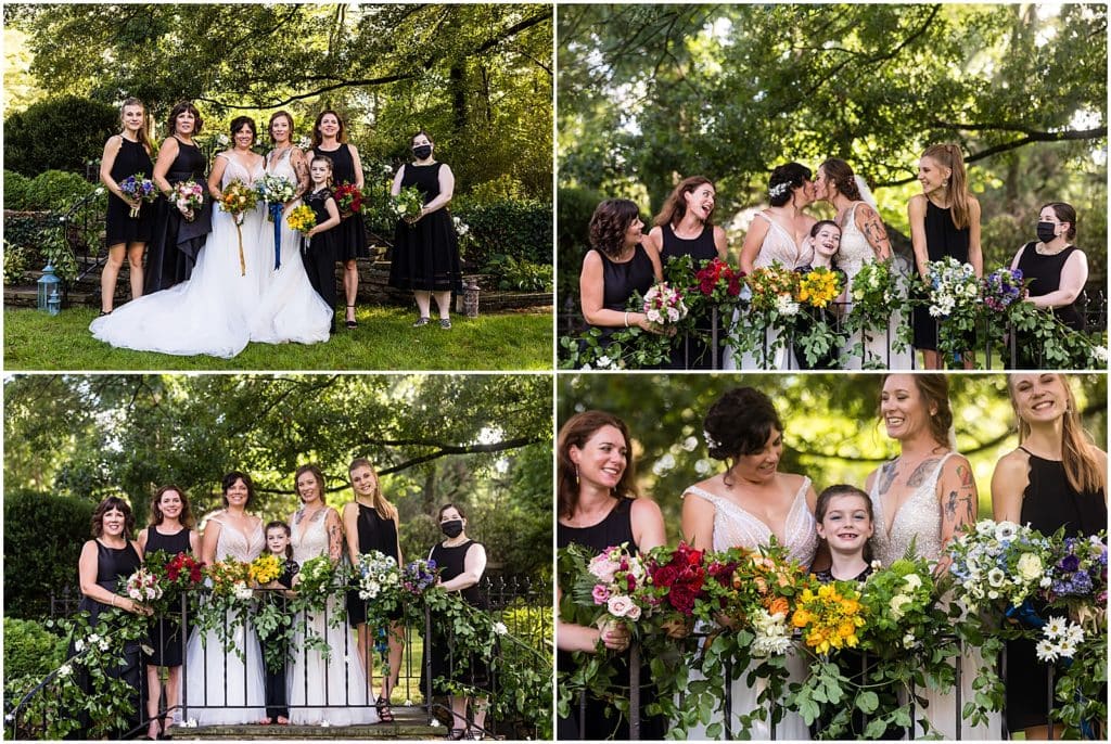 Collage of brides with daughter and bridesmaids standing on stairs in garden at Bolingbroke Mansion pride wedding