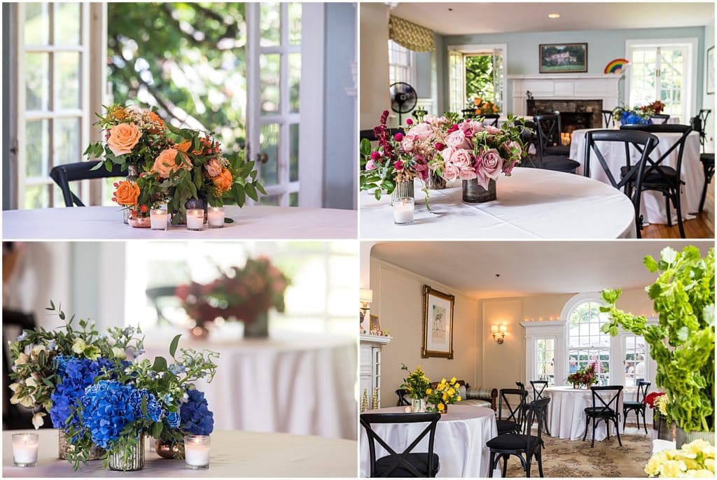 Multi colored floral centerpiece detail collage at Bolingbroke Mansion same sex pride wedding