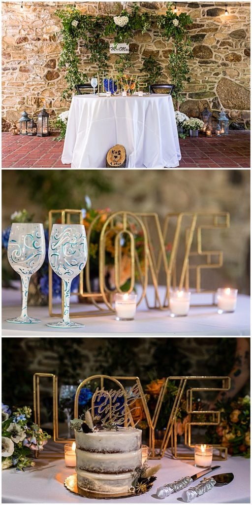 Bolingbroke Mansion same sex pride wedding reception detail collage with LOVE sign, small marble wedding cake, and fun painted wine glasses