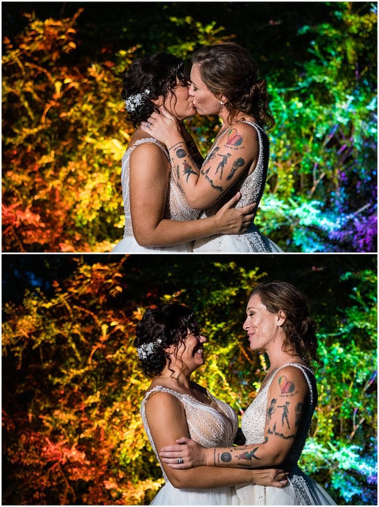 Collage of brides kissing and smiling at each other in front of rainbow lit trees at Bolingbroke Mansion same sex Pride wedding