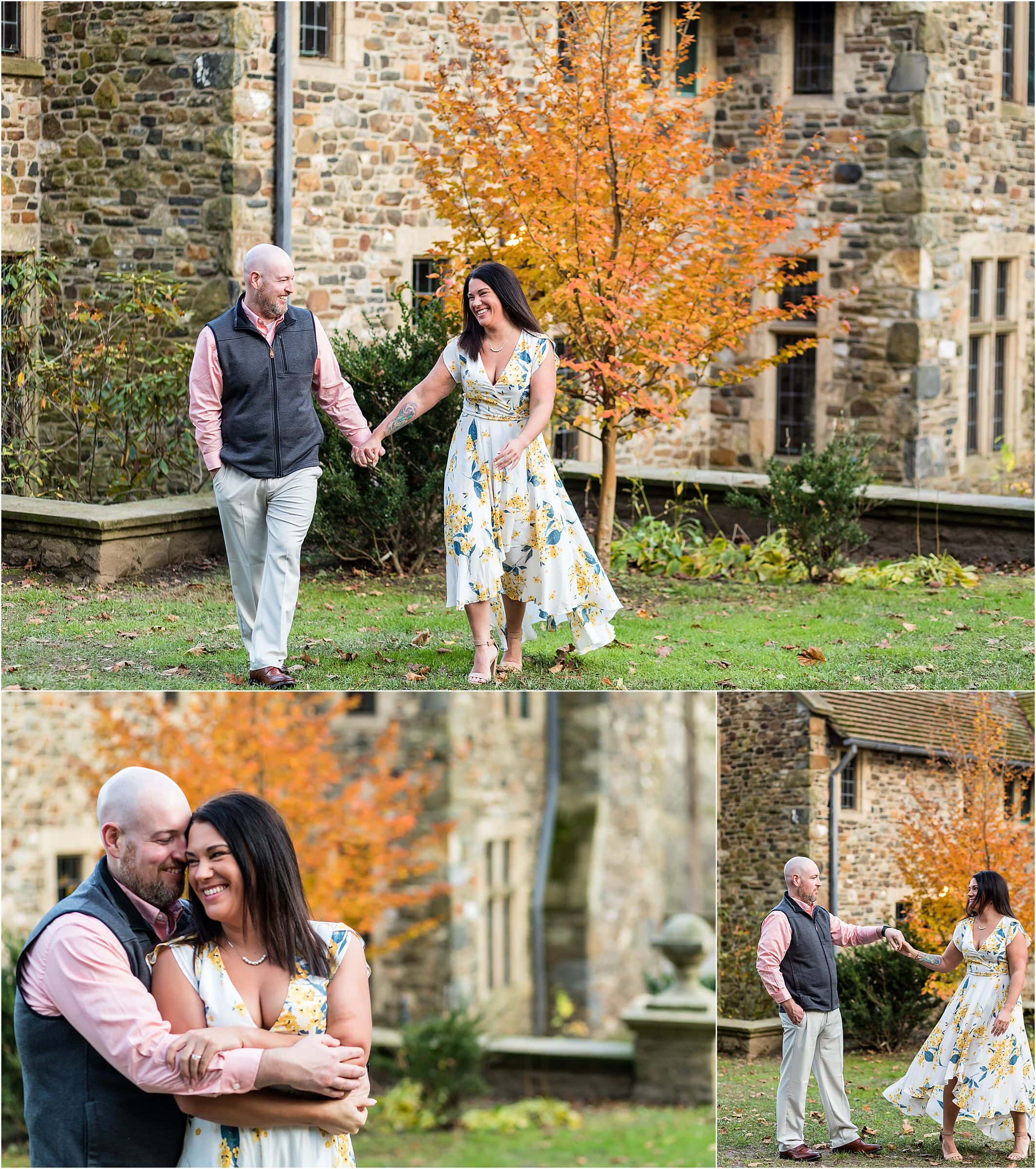 Collage of couple walking and dancing in front of stone building at Ridley Creek engagement session