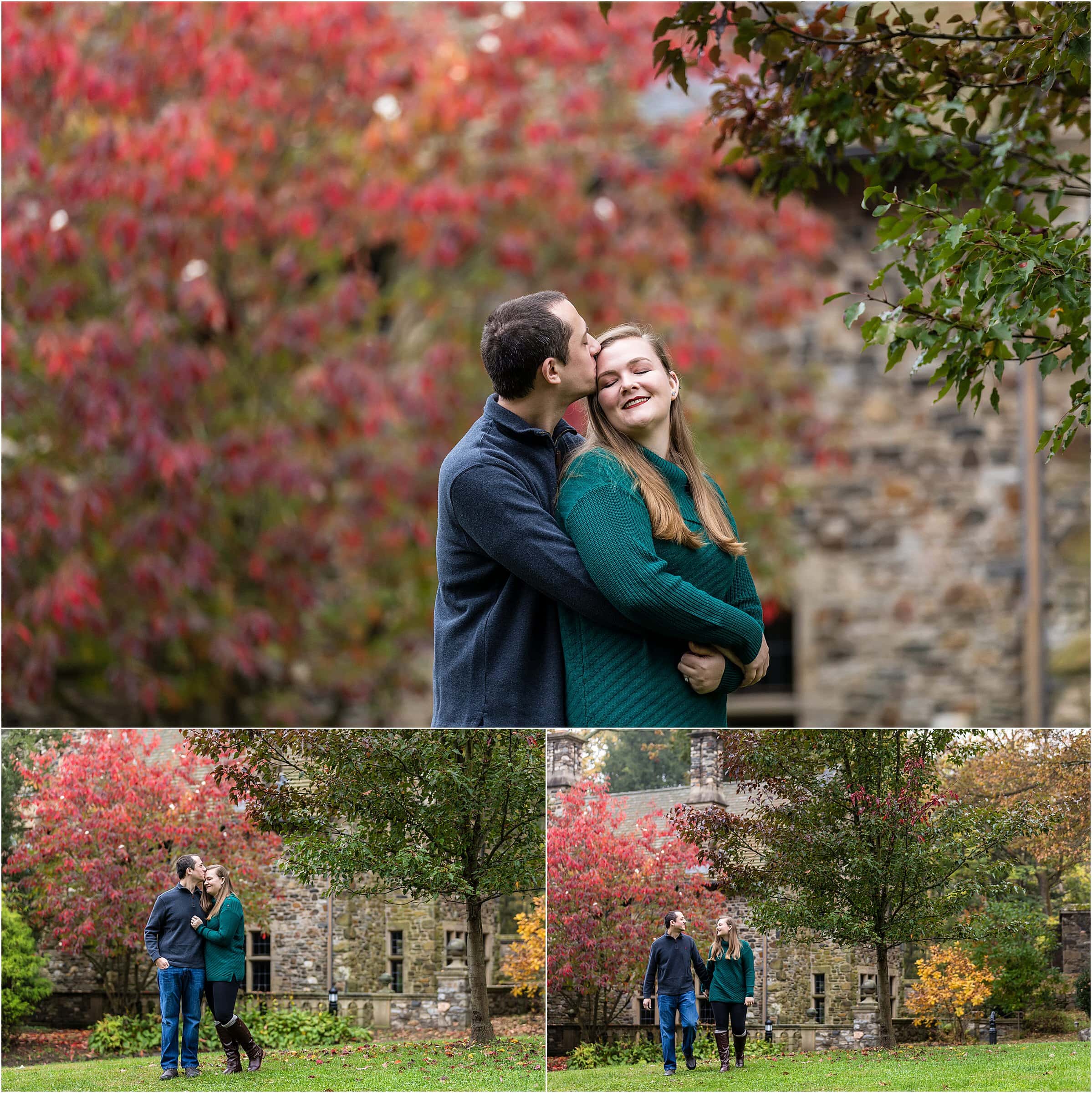 Collage of engaged couple kissing and walking hand in hand at Ridley Creek Park