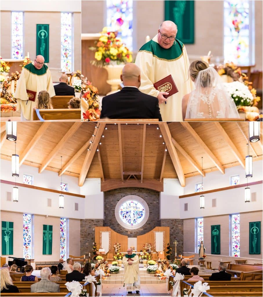 Collage of Priest speaking to bride and groom, flower girls, and guests in St. Peter Church wedding ceremony