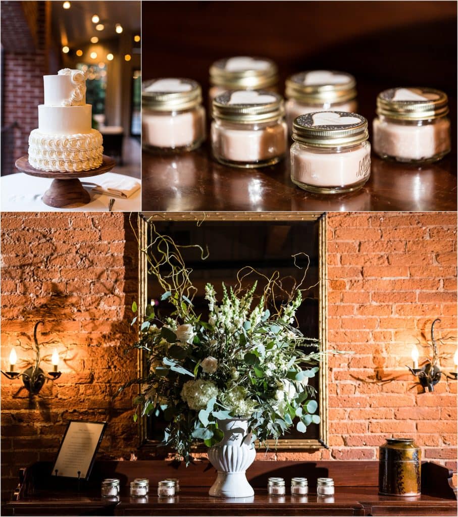 Intimate Cork Factory Hotel wedding reception detail collage with simple white wedding cake, mason jar candle favors, and tall floral centerpiece
