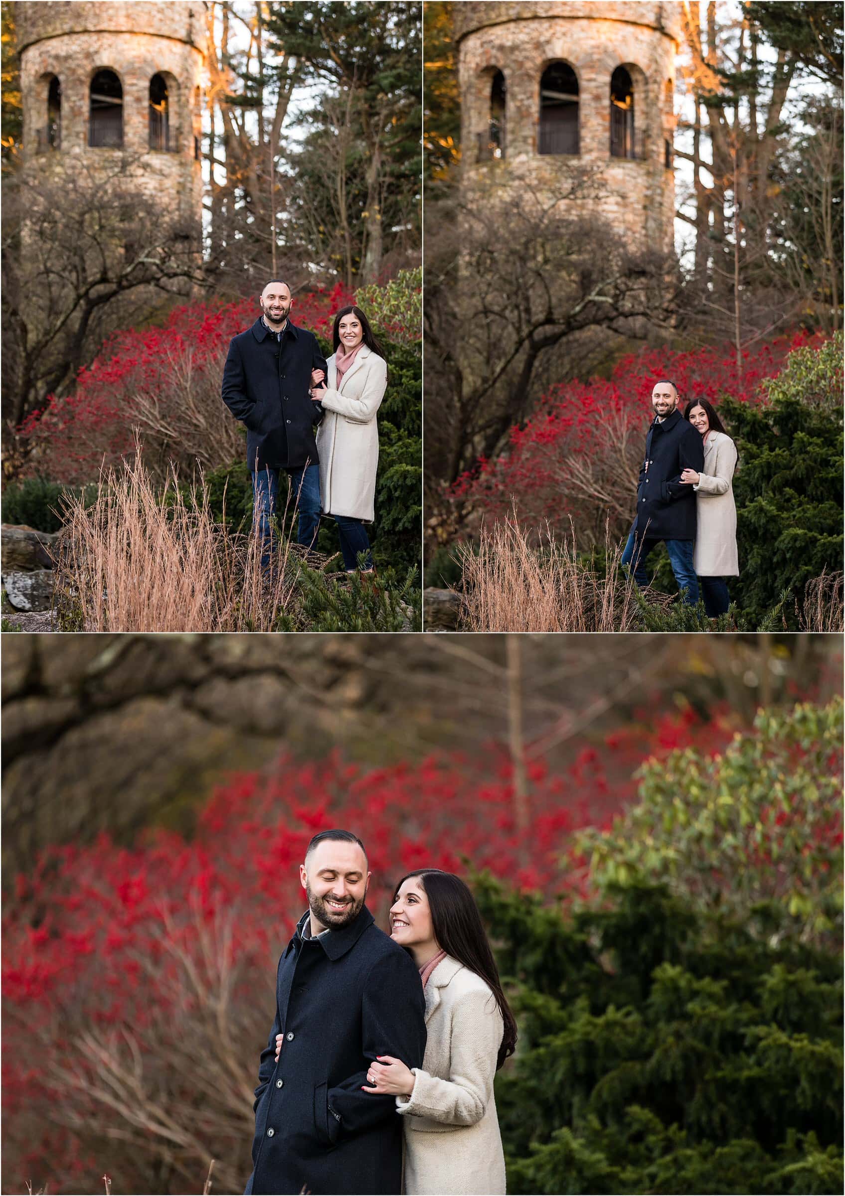 Longwood Gardens holiday engagement session portrait collage of couple standing in front of tall tower and red and green bushes