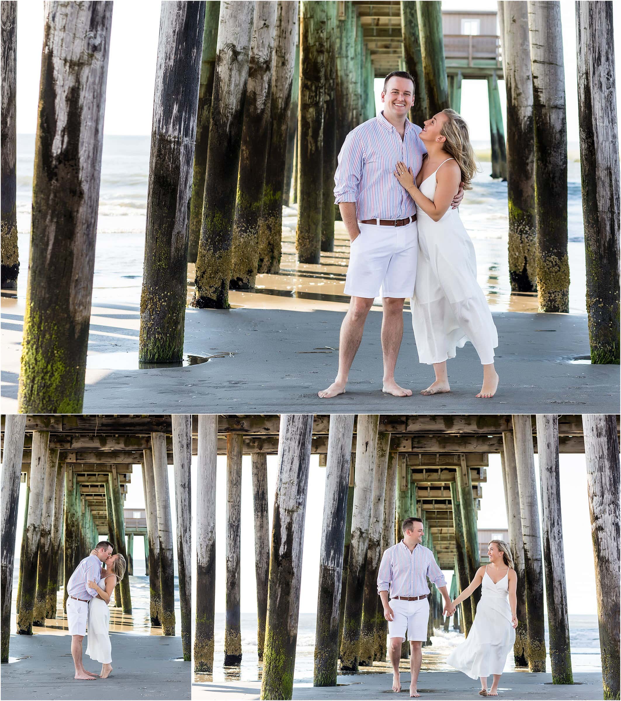 Collage of couple kissing and walking hand in hand under Avalon beach pier