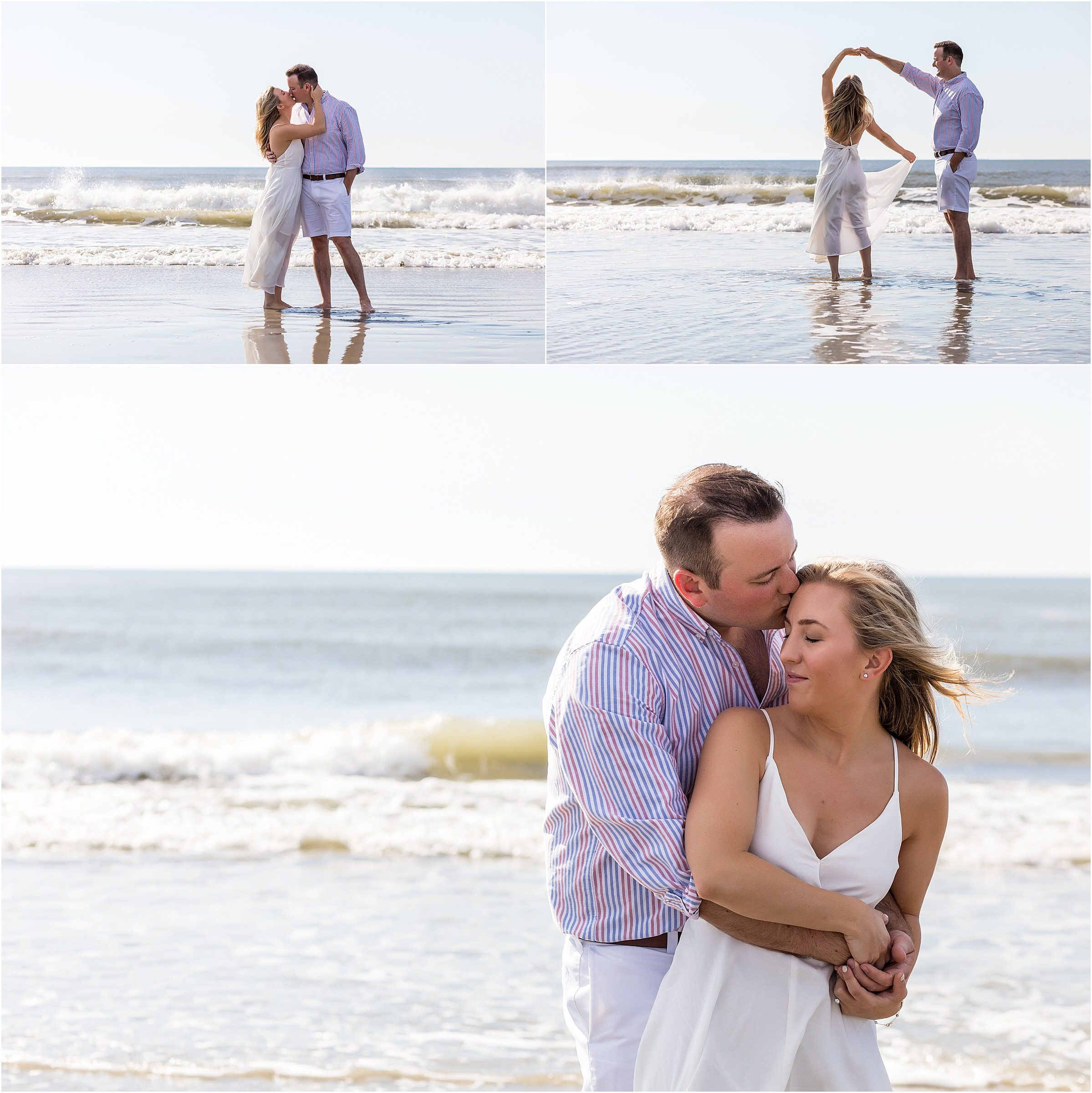 Avalon beach engagement session collage of couple kissing, bride spinning and twirling white sundress, and kissing on forehead in the water