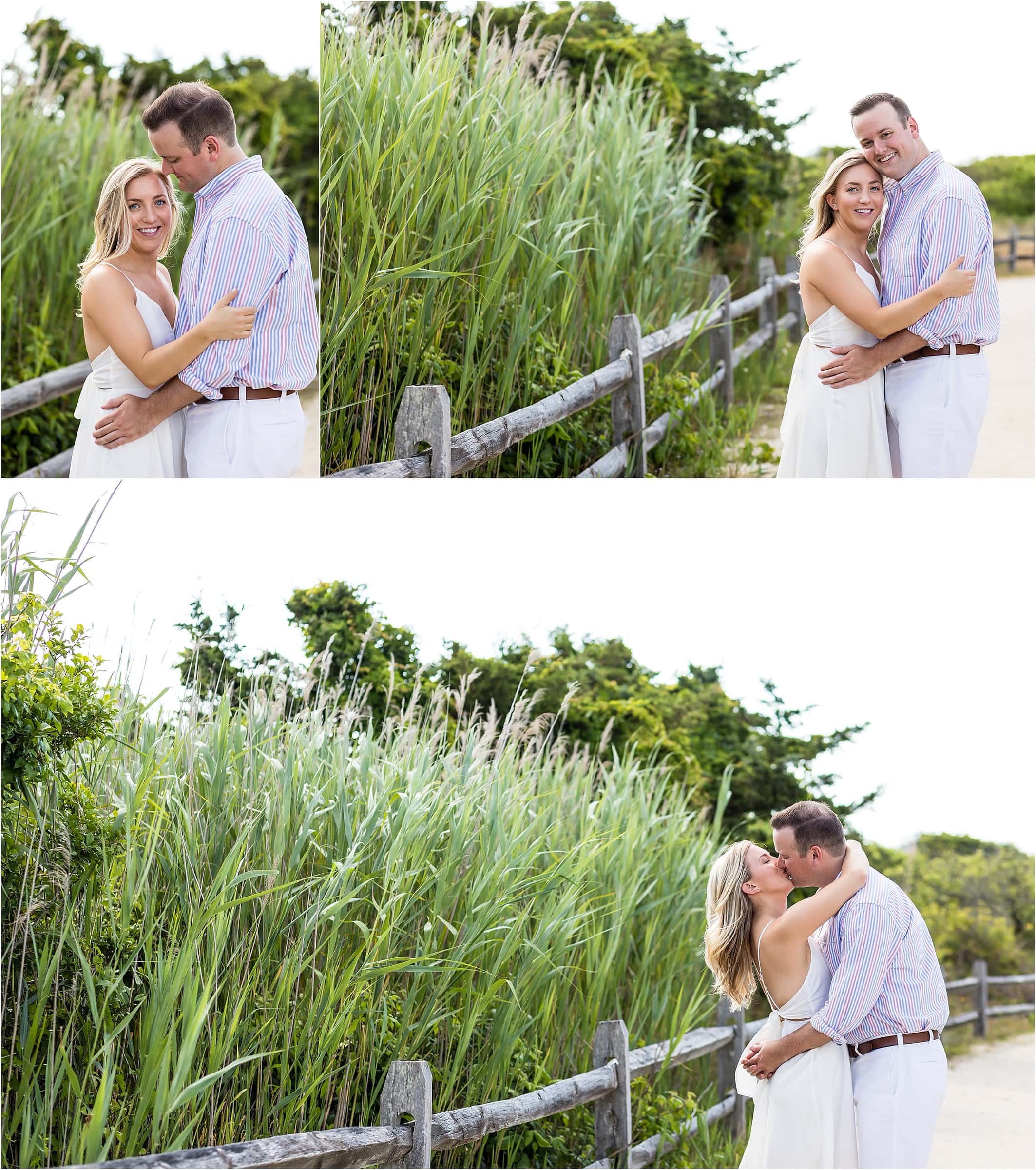 Jersey Shore engagement session collage with couple standing and kissing in front of tall dune grass in Avalon
