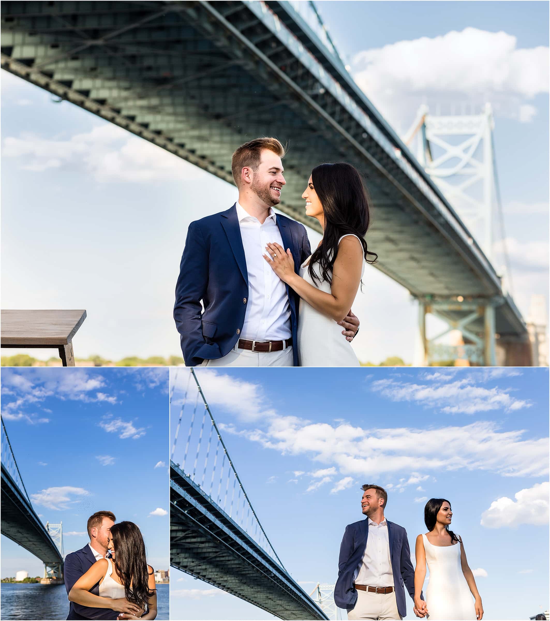 Collage of couple smiling at each other, laughing together, and holding hands while looking opposite ways next to bridge at Race St Pier engagement session