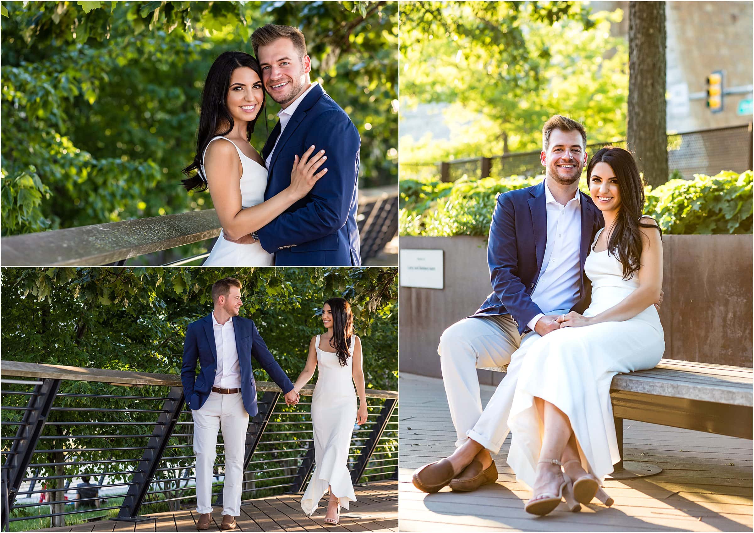 Collage of couple holding hands, walking down pier, and sitting on wooden bench at Race St Pier engagement session
