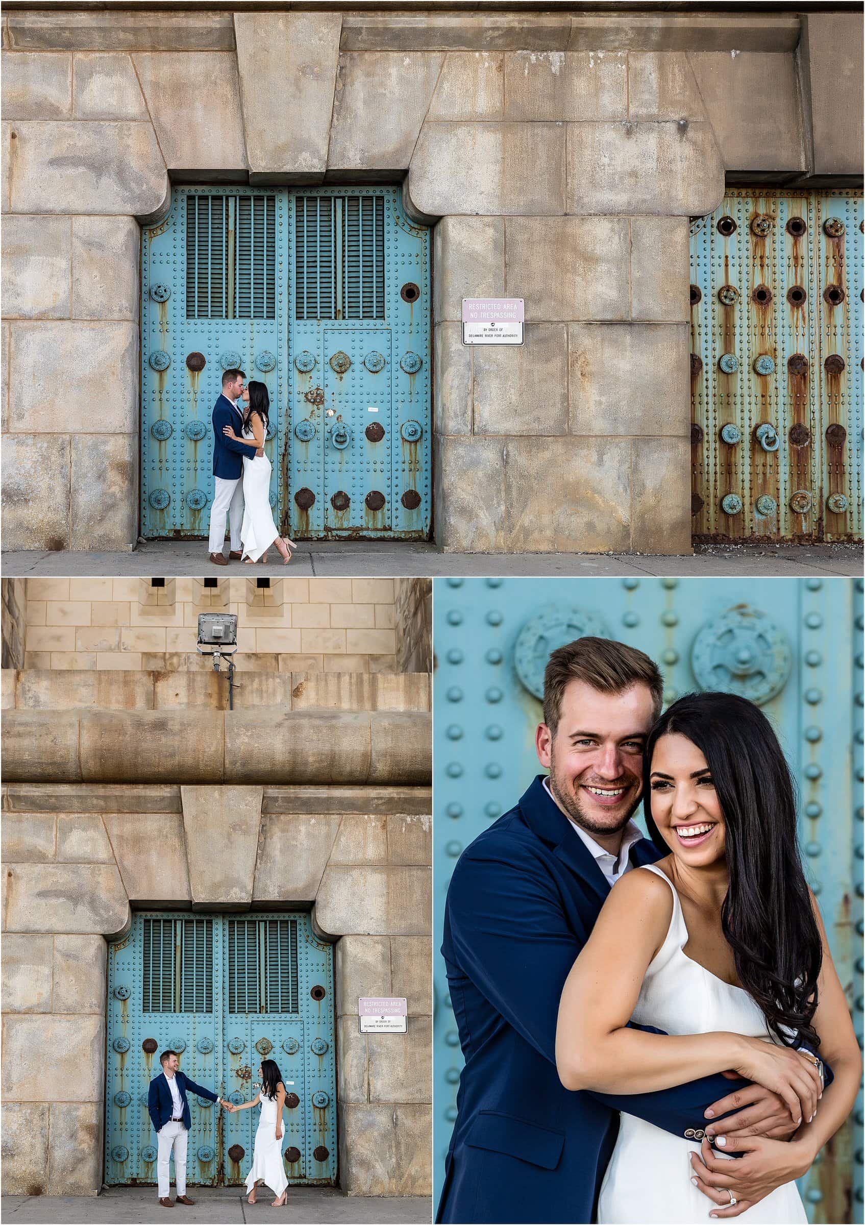 Race St Pier engagement session collage with couple kissing, dancing, and hugging in front of rusting blue gates