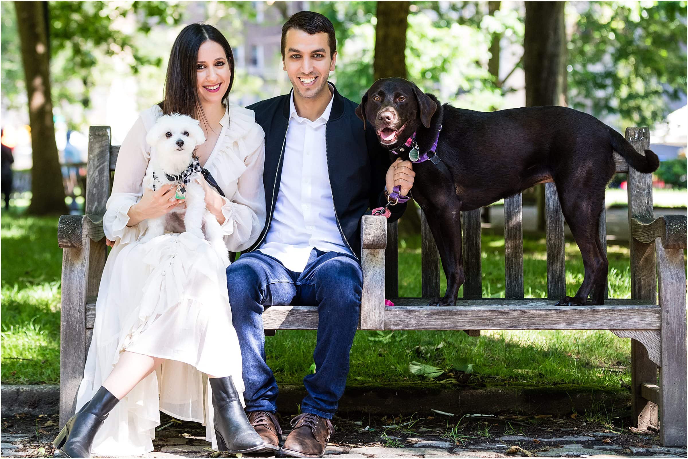 Rittenhouse Park engagement session portrait with couple sitting on bench with their two dogs