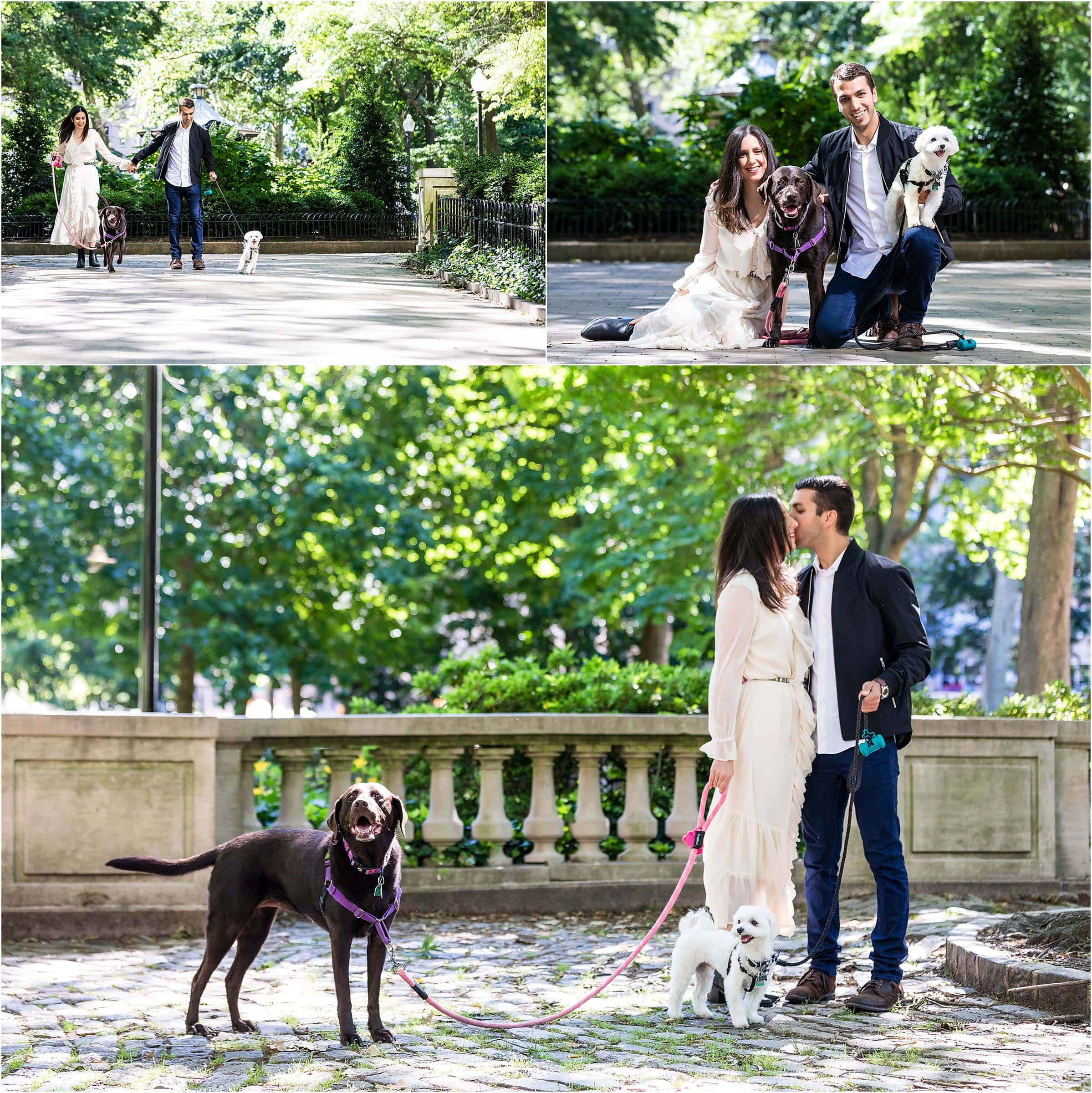 Rittenhouse Park engagement session collage with couple walking their dogs, sitting with their dogs, and kissing on cobblestone pathway