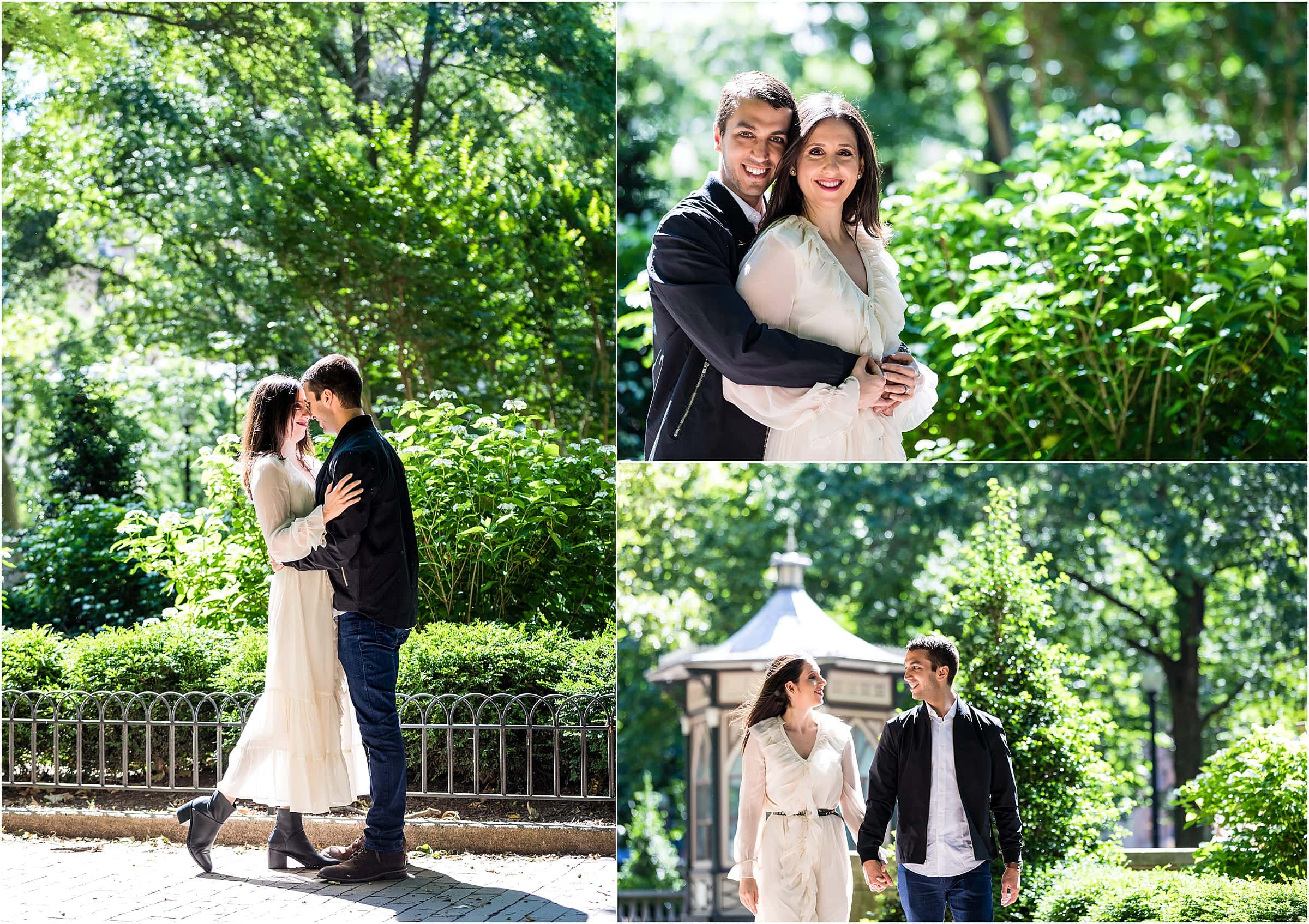 Collage of couple pulling apart from kissing, holding each other, and walking hand in hand through Rittenhouse Park during Philadelphia neighborhood engagement session