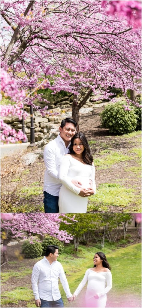 Philadelphia Art Museum Spring maternity session collage with expecting parents under pink trees