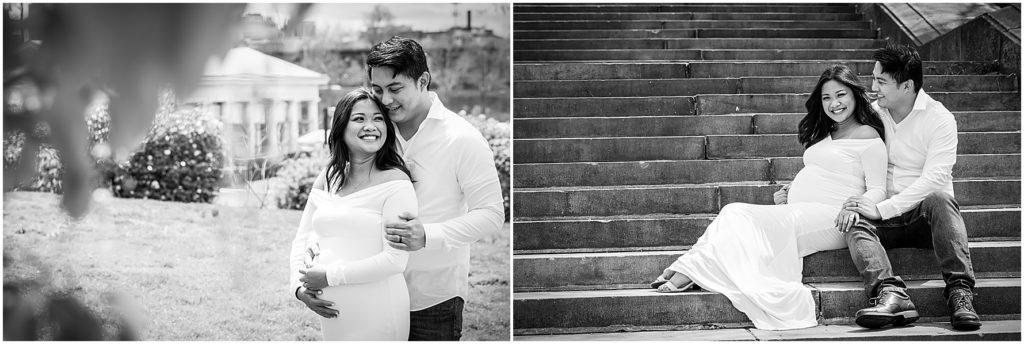 Black and white maternity session portrait collage of husband and wife sitting on Philadelphia Art Museum steps and in front of Water Works
