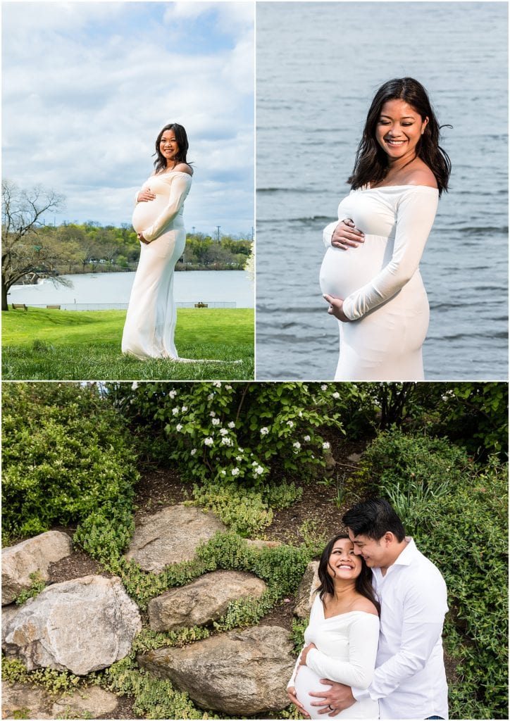 Pregnant woman in white dress maternity portraits in front of river at Philadelphia Museum of art collage