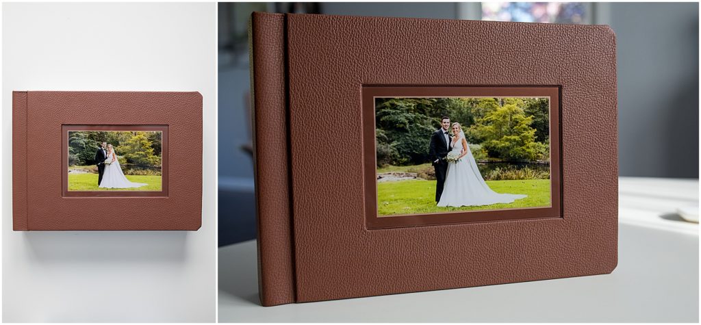 warm brown leather classic wedding album with inset picture of bride and groom in the center