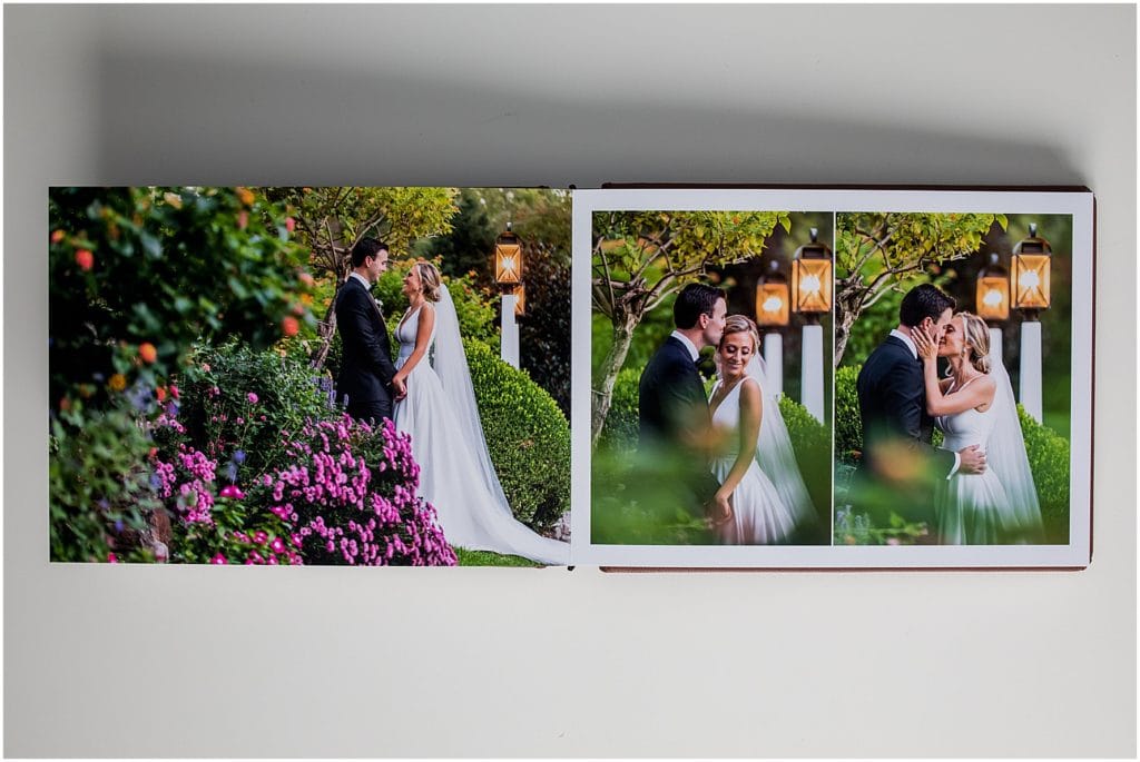 wedding album opened to show a two page spread of portraits of bride and groom featuring lay flat printing