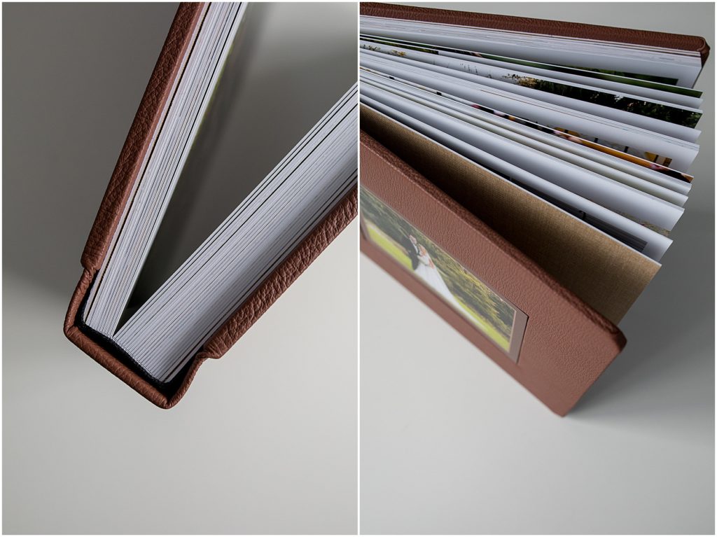 detail of spine and binding of warm brown leather wedding album, detail of page edges of wedding album
